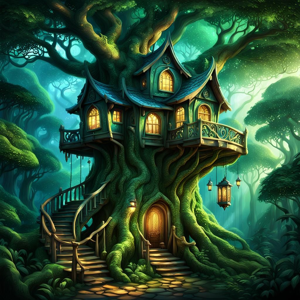 Magical Treehouse in Enchanted Forest: Fantasy Art