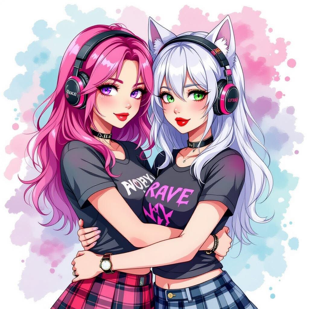 Two Women Hugging in Watercolor Alcohol Ink Style