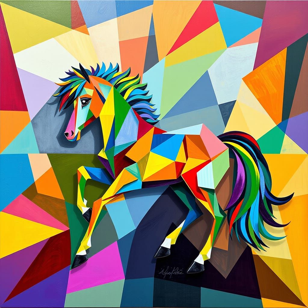 Vibrant Rainbow Pony in Abstract Cubist Style