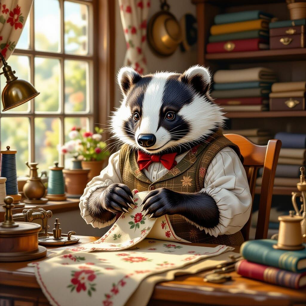 Badger Tailor in Cozy Shop, Beatrix Potter Style