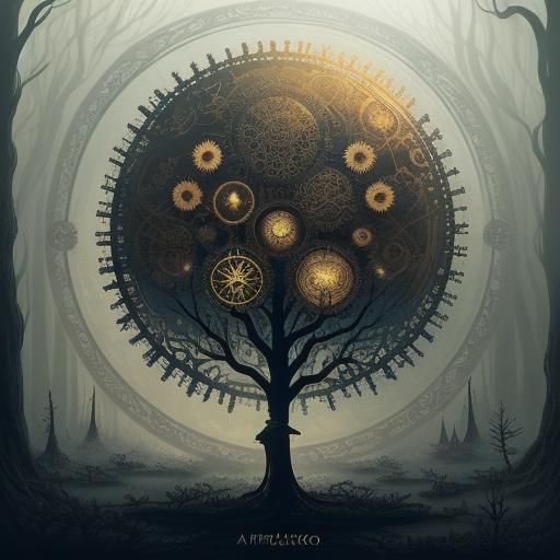 Steampunk Groot Reflecting in Forest Pond