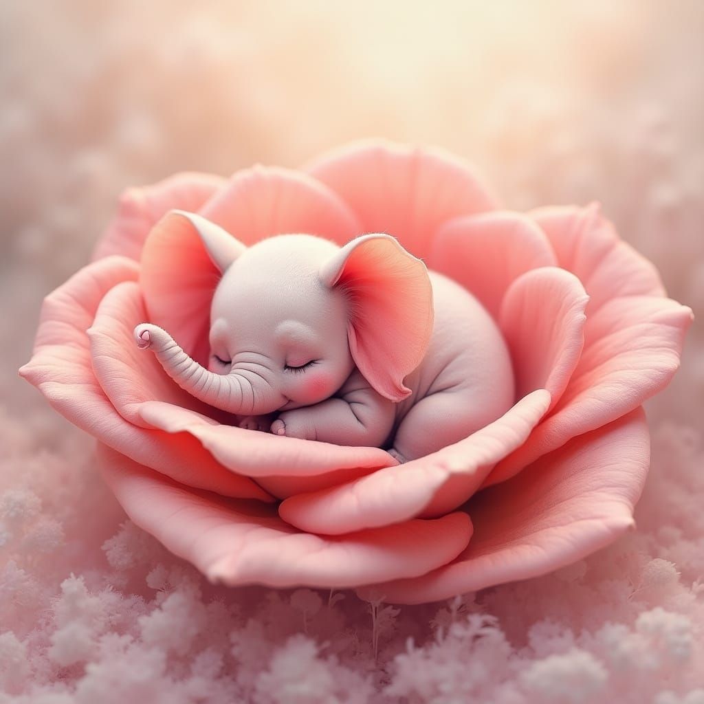 Tiny Pink Elephant in Serene Rose Petal Slumber