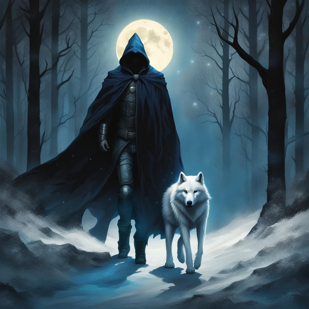 Mysterious Figure and White Wolf in Dark Woods