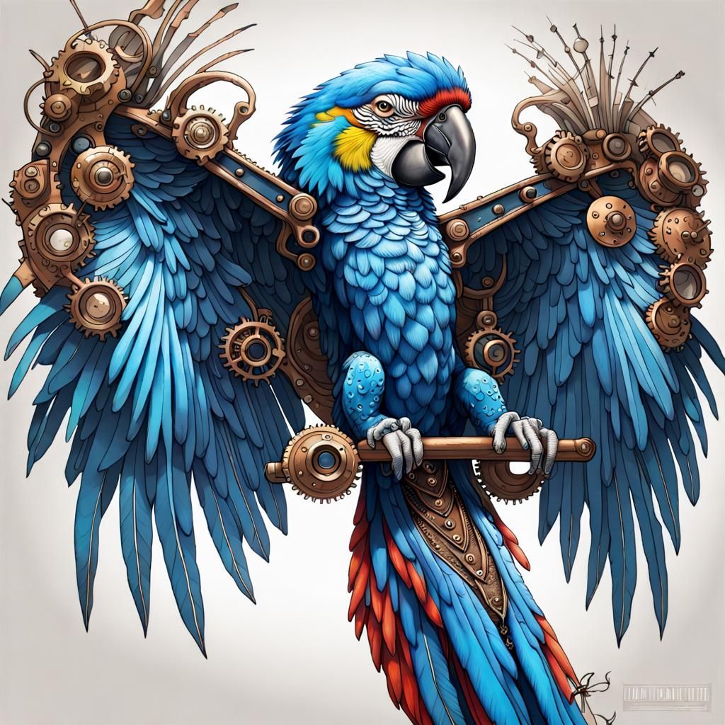 Steampunk Blue Macaw: Intricate Photorealistic Concept Art