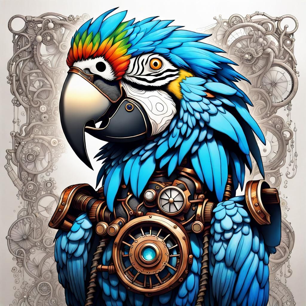Steampunk Blue Macaw Bird in Detailed Ink Drawing