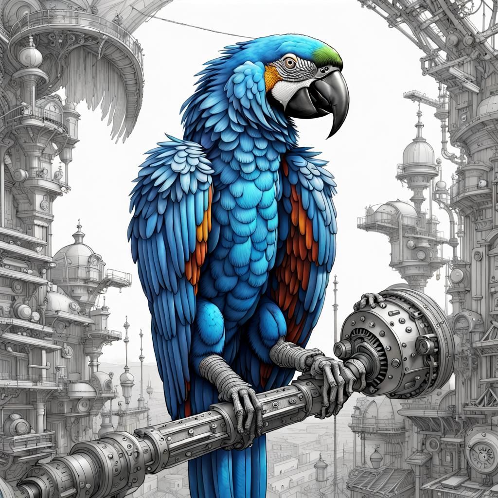 Steampunk Blue Macaw in Detailed Ink Drawing