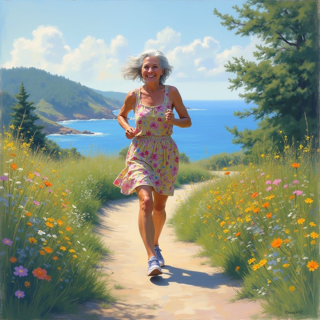 Elderly Woman Runs Down Serene Coastal Path