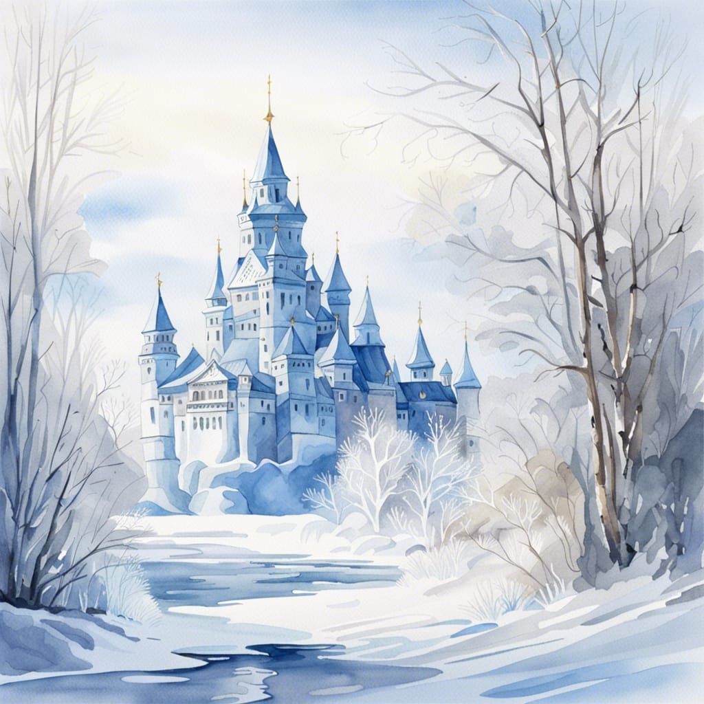 Icy Russian Castle in Winter Watercolor Landscape
