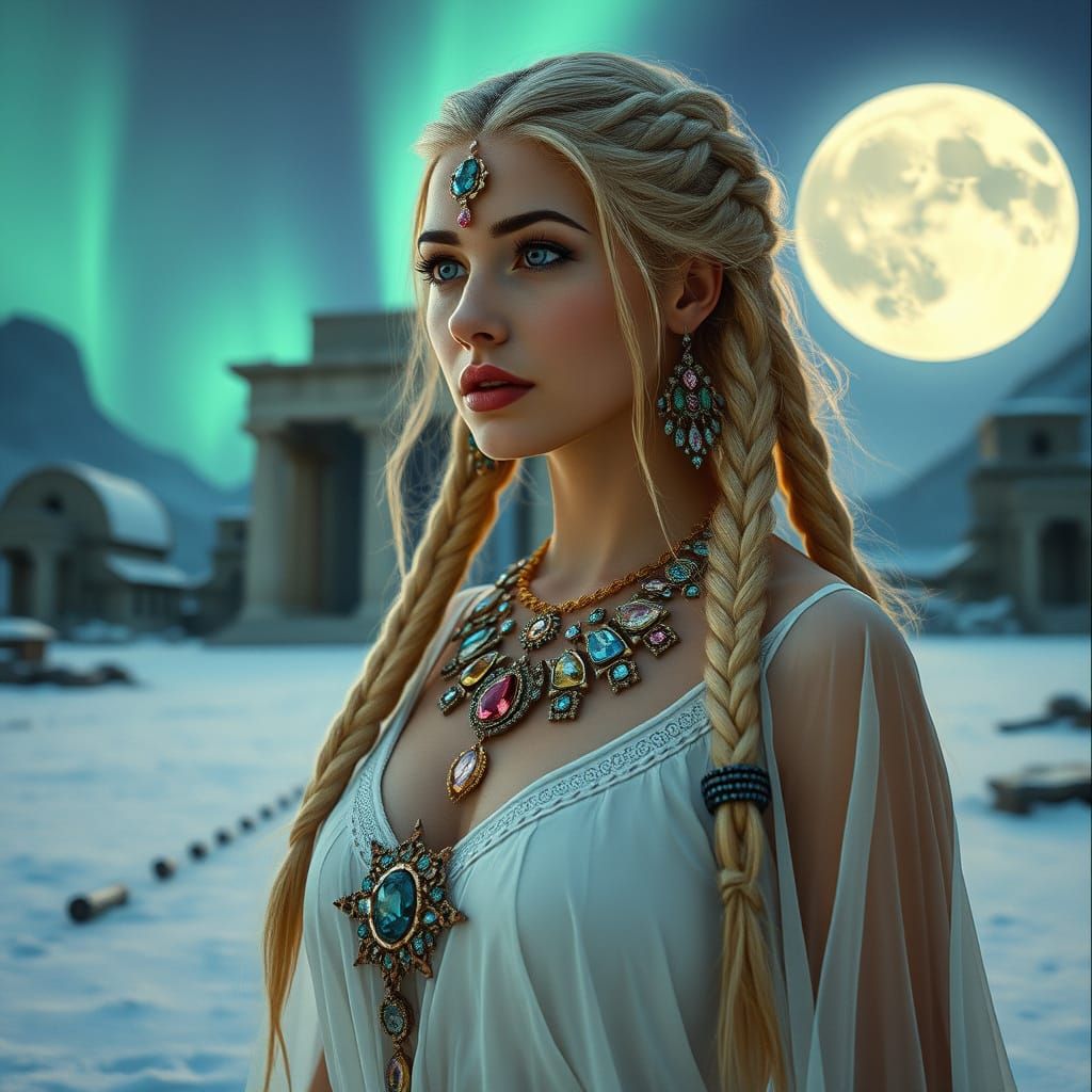 Goddess with Braided Hair and Aurora Borealis