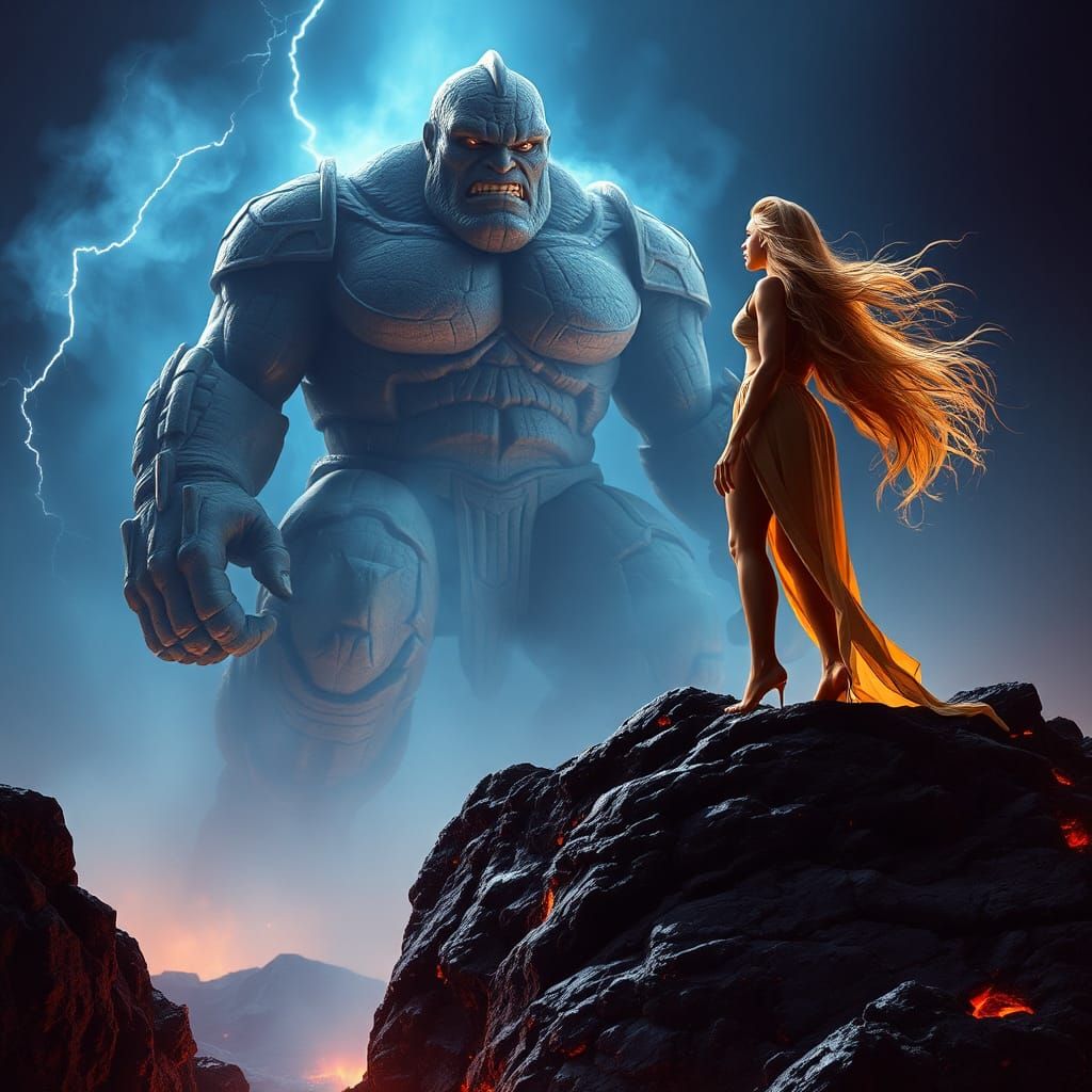 Golem and Queen Amidst Lava and Mist
