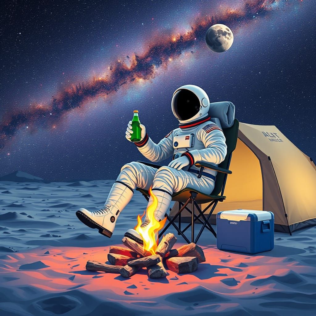 Astronaut Sits on Moon Campsite with Campfire and Tent