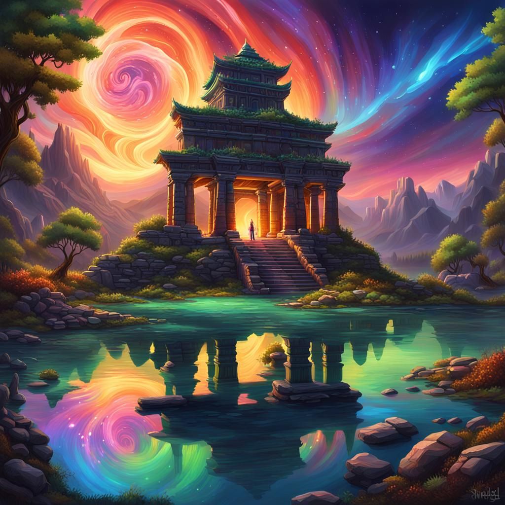 Mystical Realm with Auroras and Ancient Ruins