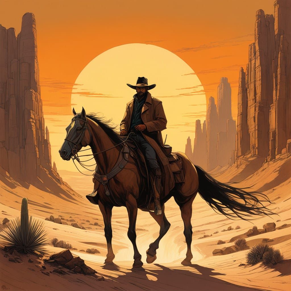 Cowboy Rides Off into Vast Desert Sunset in a Cinematic West...