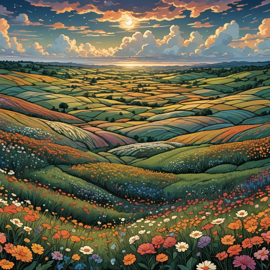 Panoramic Flower Fields at Dusk in Retro D&D Style