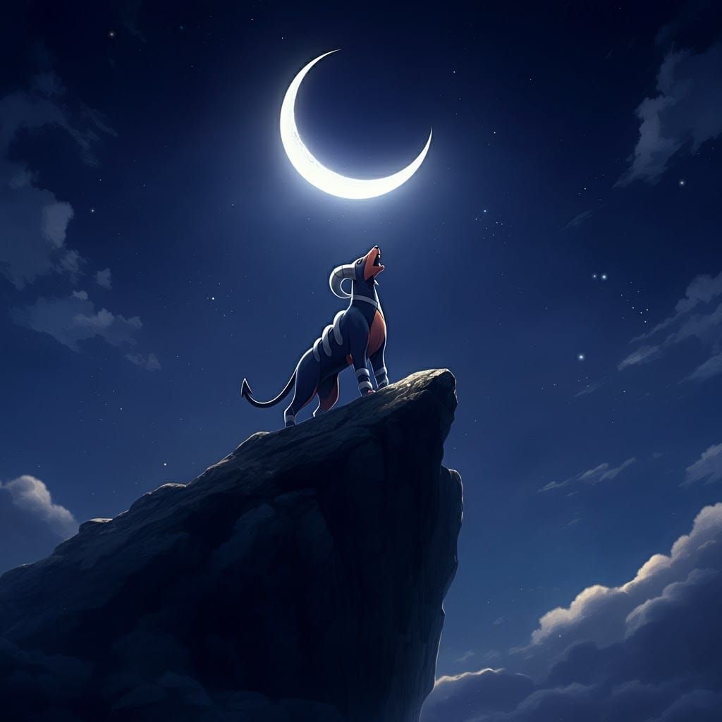 Houndour Howling at Moon in Anime Style