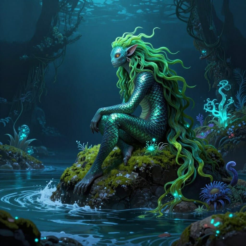 Mythical Siren on Mossy Rock in Glowing Cove