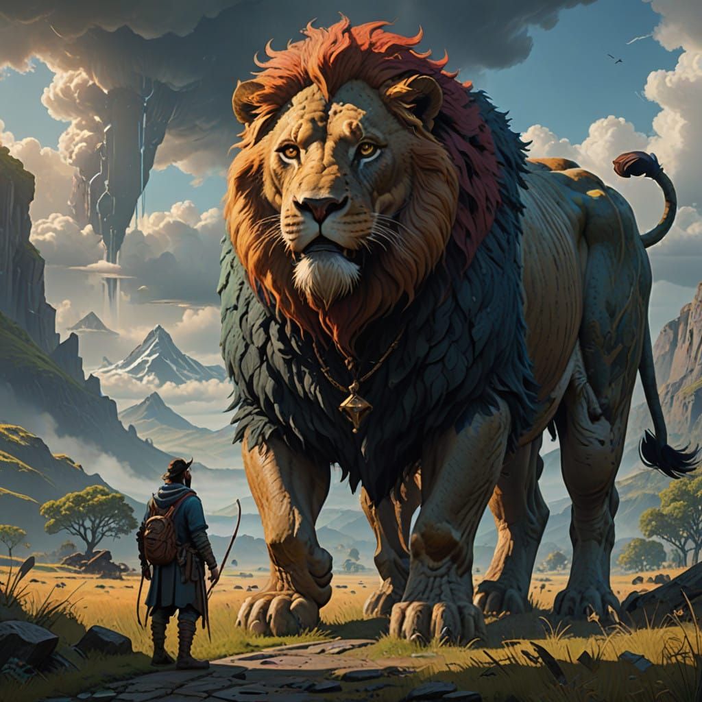 Regal Lion Man Hybrid Stands on Cow Legs in Dreamlike Fantas...