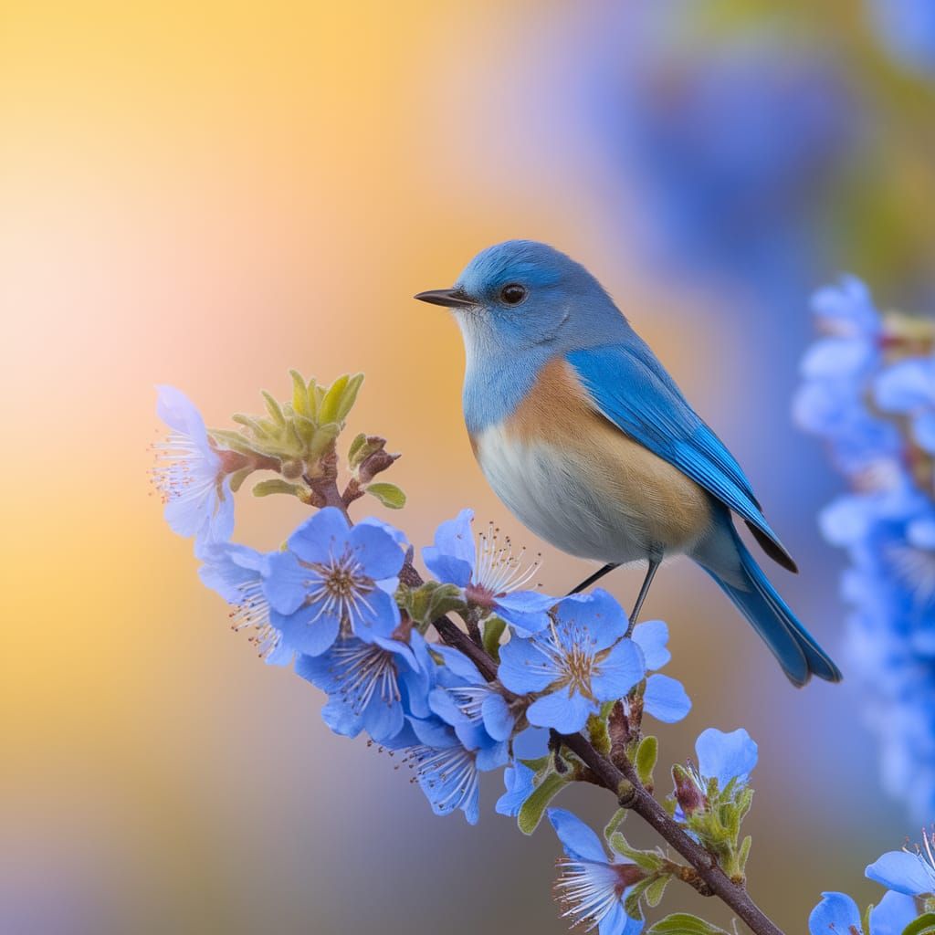 Mountain Bluebird with Blue Blossoms: Professional Photograp...