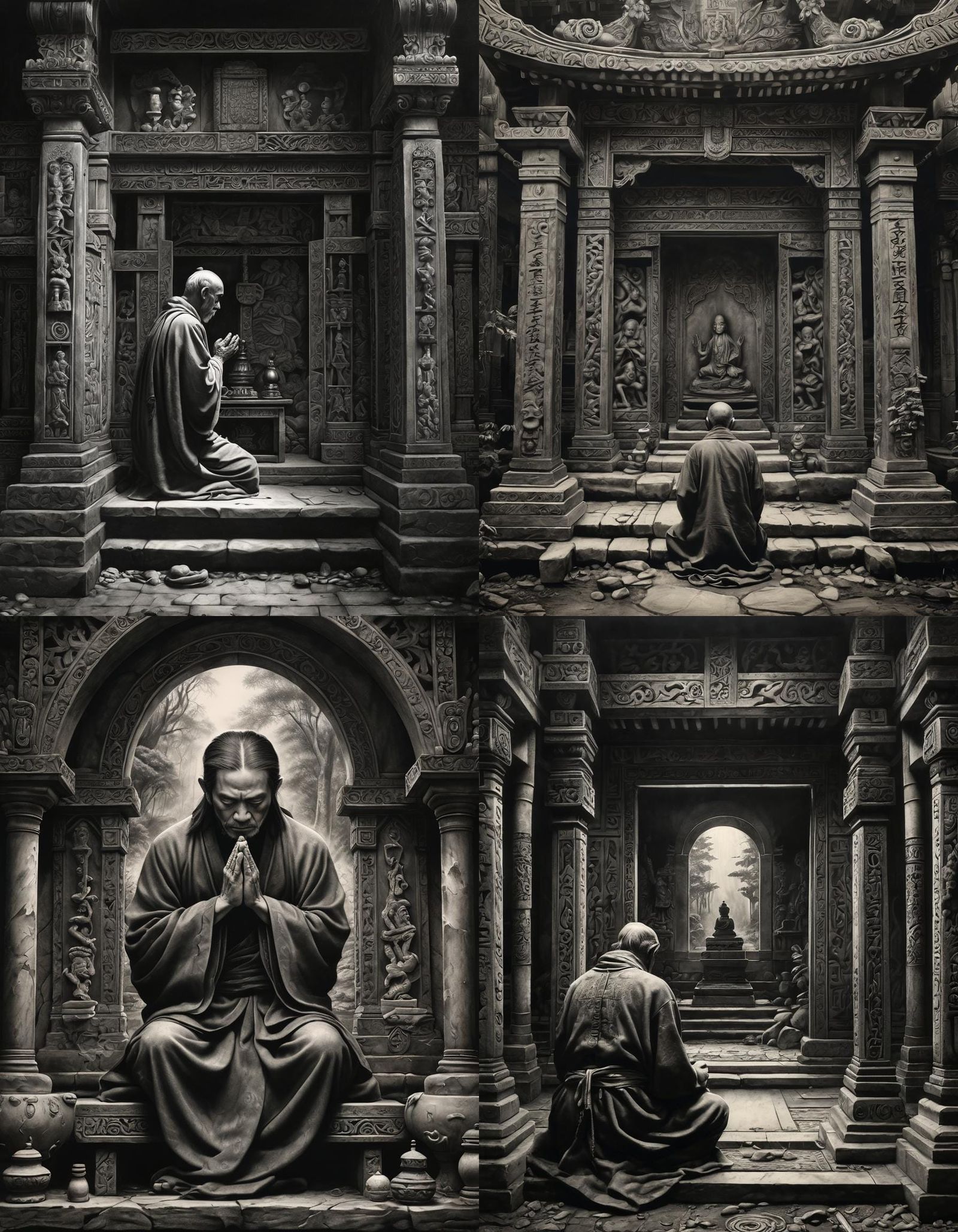 Solitary Prayer in Shrine: Hyperdetailed Charcoal Drawing