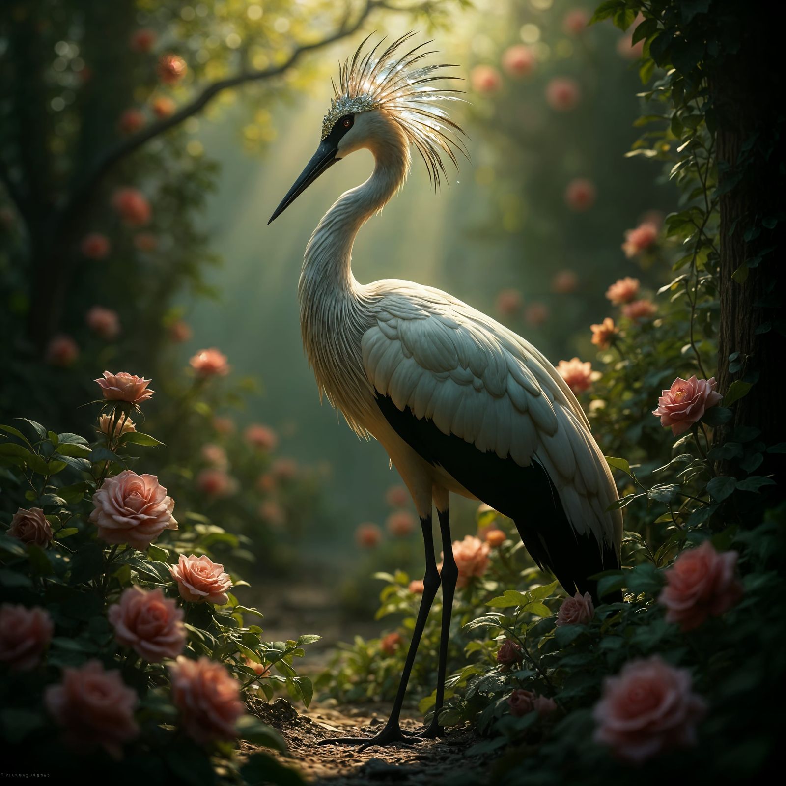 Majestic Crane in Victorian Rose Garden with Crown