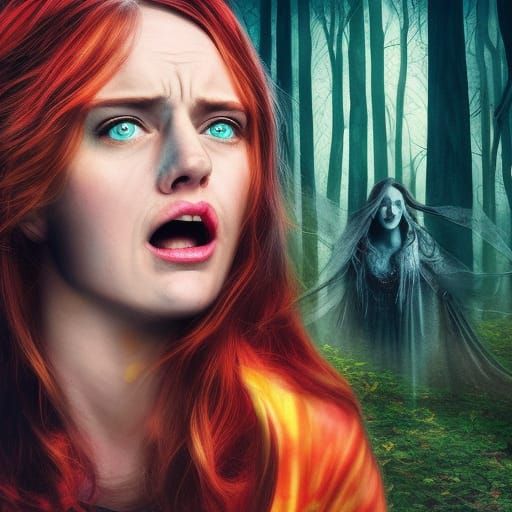 Terrified Woman and Ghost in Woods: Movie Poster
