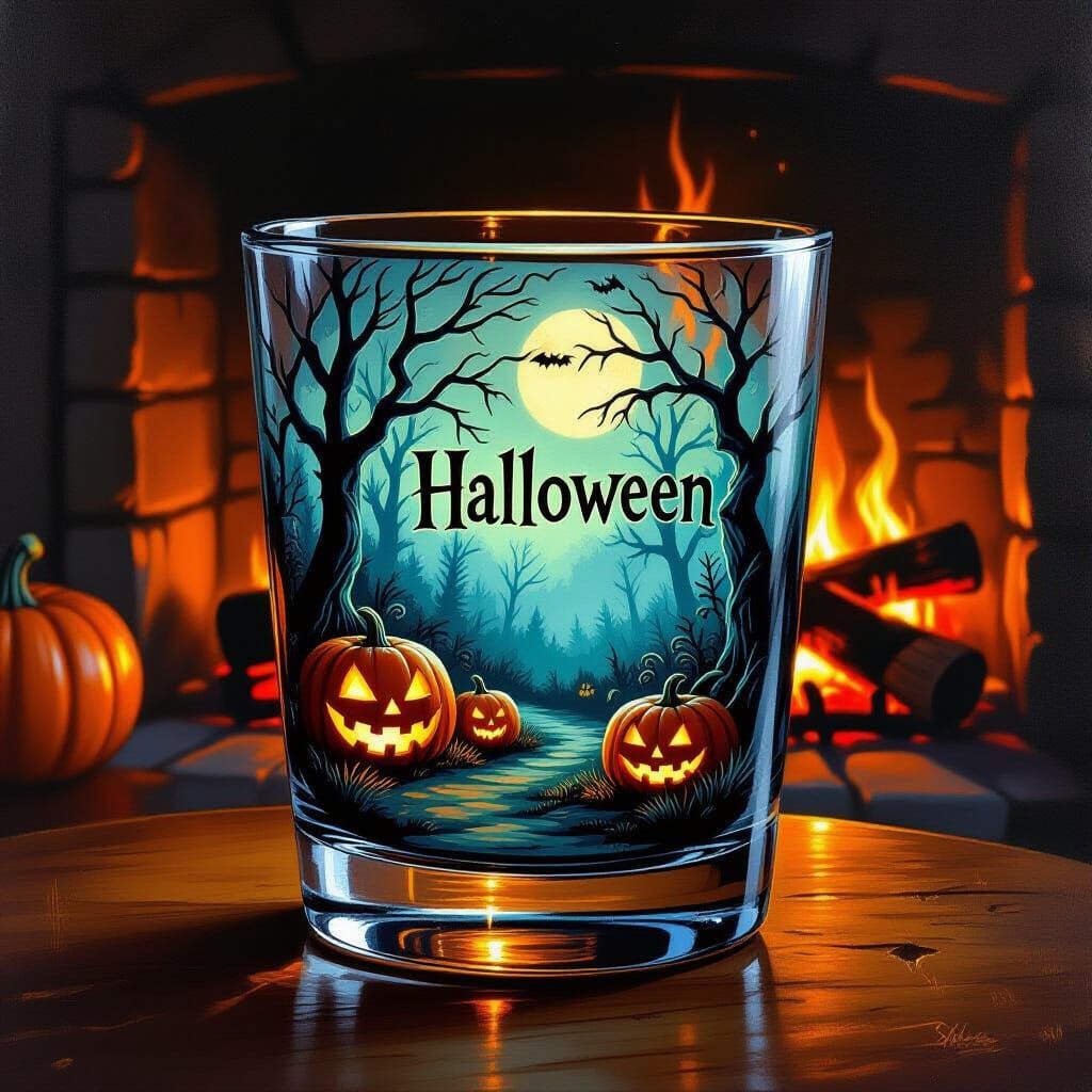 Halloween Etched Glass by Firelight