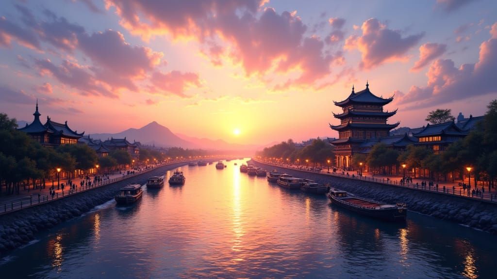 Sunset Over Song Dynasty Tower by Zhaoqing River