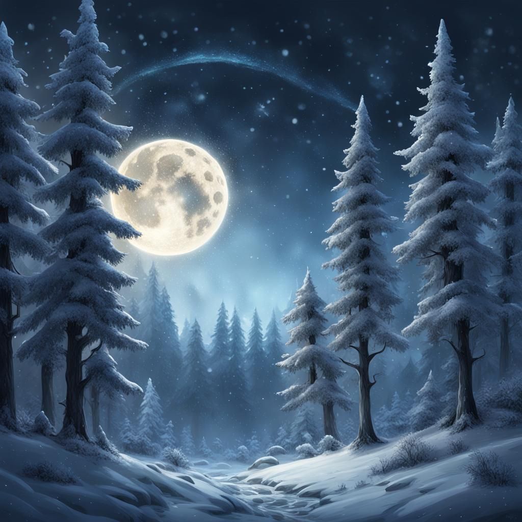 Mystical Winter Forest Under Crescent Moon