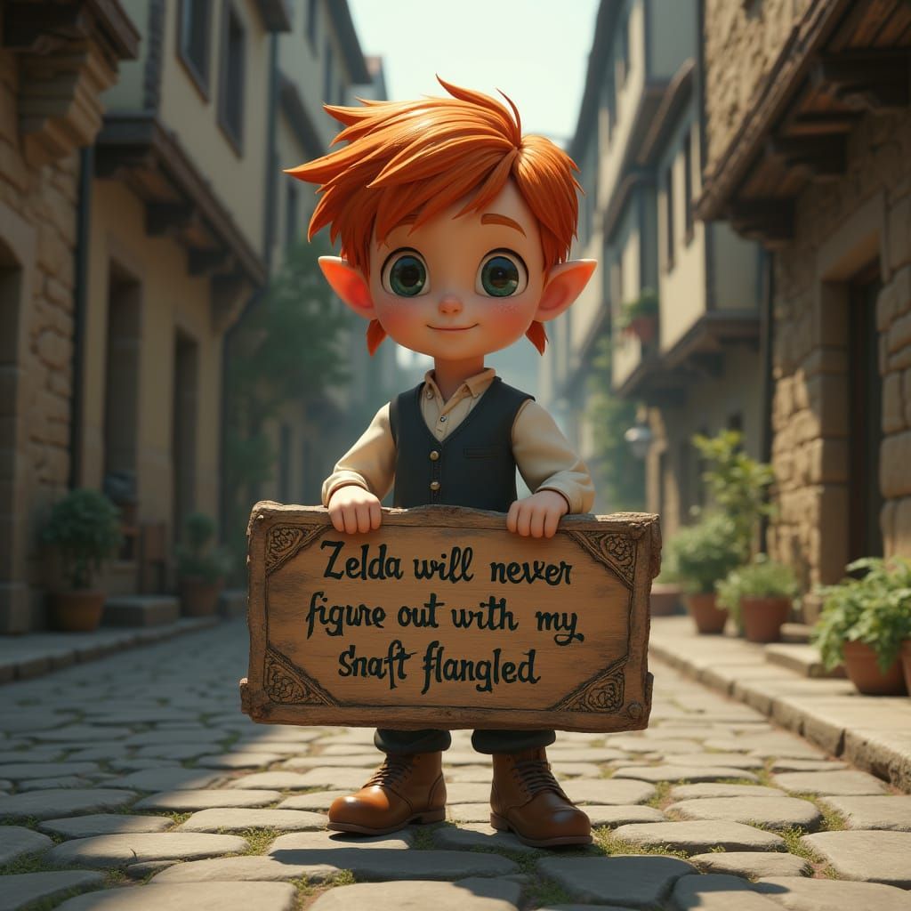 Mysterious Boy on Cobblestone Street with Ancient Sign