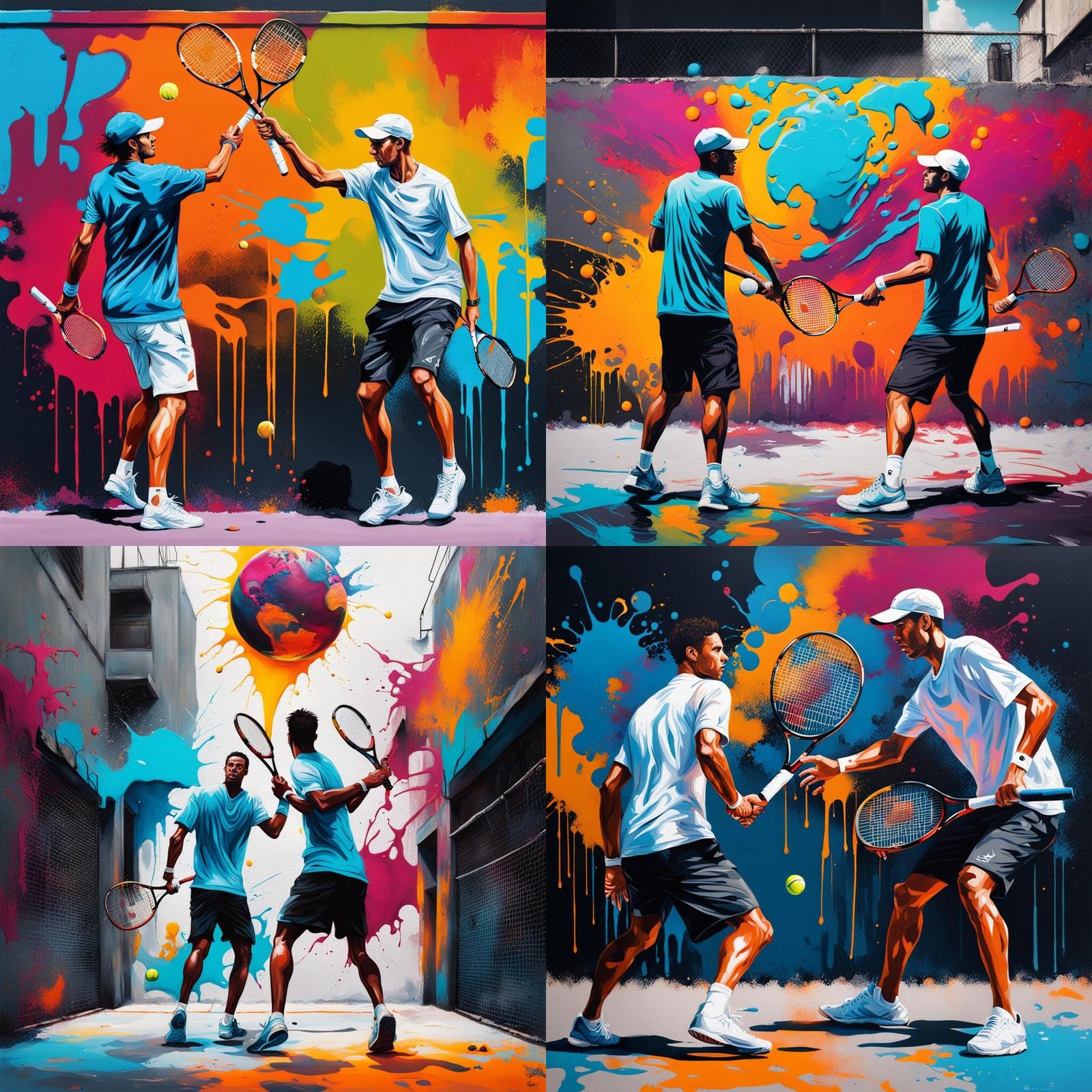 Two young men playing tennis with the world