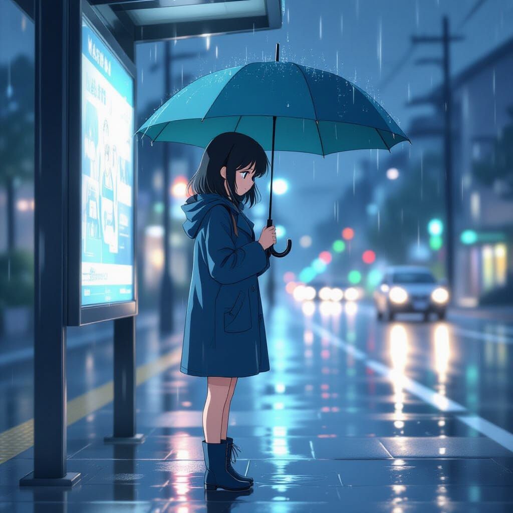 Anime Girl Contemplates Puddle Under Teal Umbrella