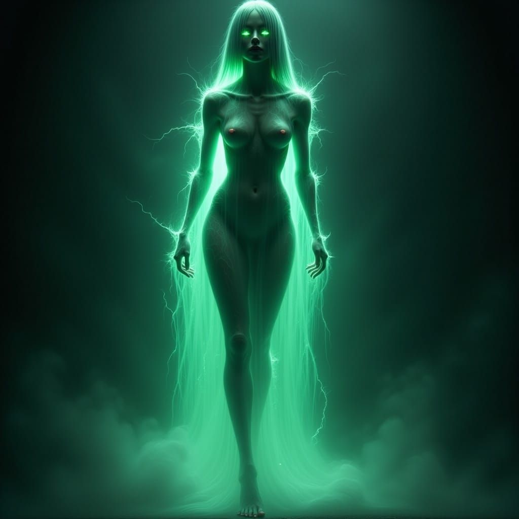 Ethereal Woman with Glowing Hair in Eerie Darkness