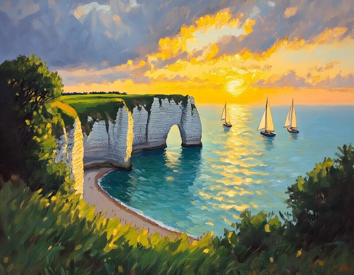 Etretat Cliffs: Impressionist Oil Painting at Sunset