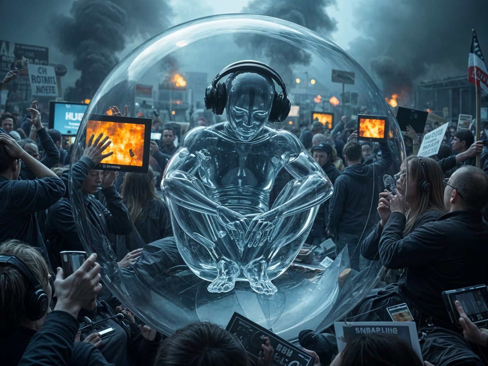 Surreal Glass Human in Bubble Shielding from Chaos