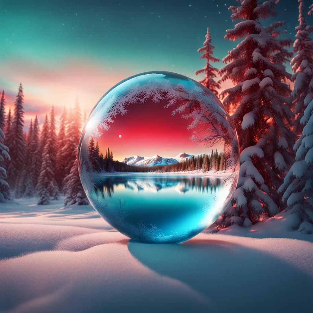 Turquoise Lake Reflecting Winter Forest in Glass Bubble