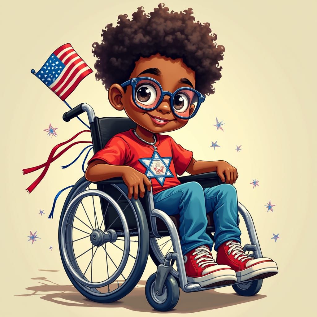 Happy Boy in Wheelchair with Star of David Necklace