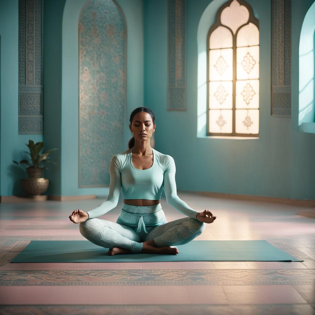 Contemporary Yoga Goddess in Serene Futuristic Setting
