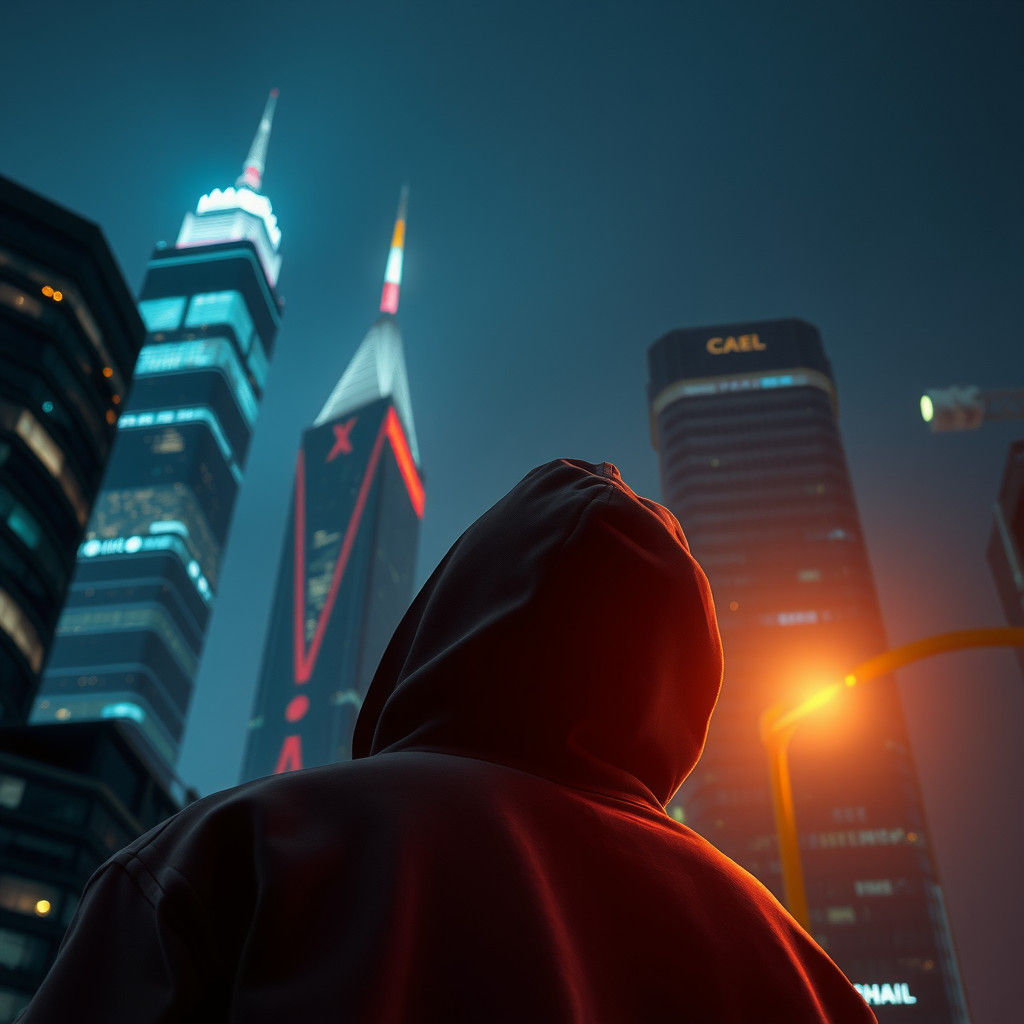 Hooded Figure Gazing at City Skyscrapers: Matte Painting