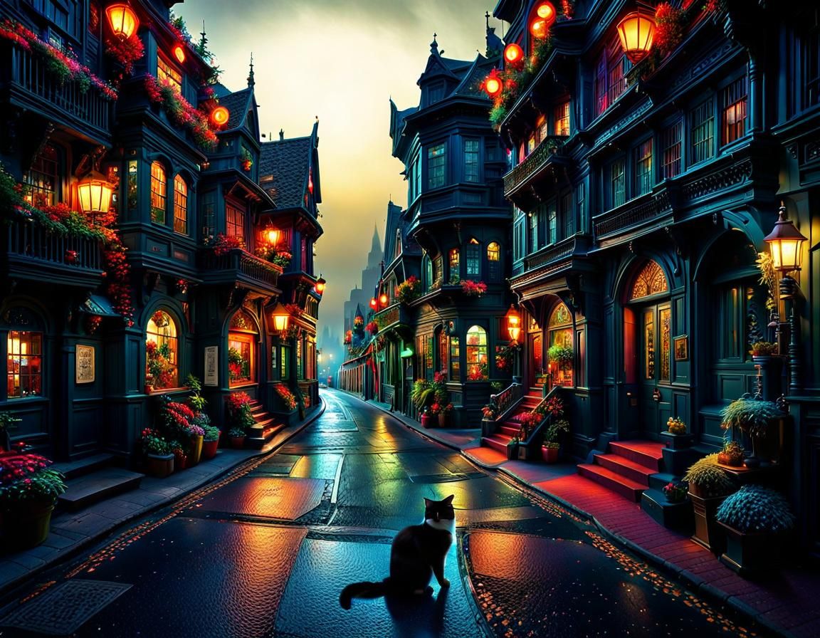 Nighttime CityScape - landscape and lights at a night corner street