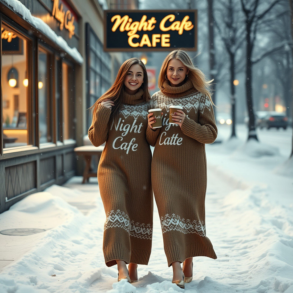 Friends Braving Snowstorm in Matching Sweaters