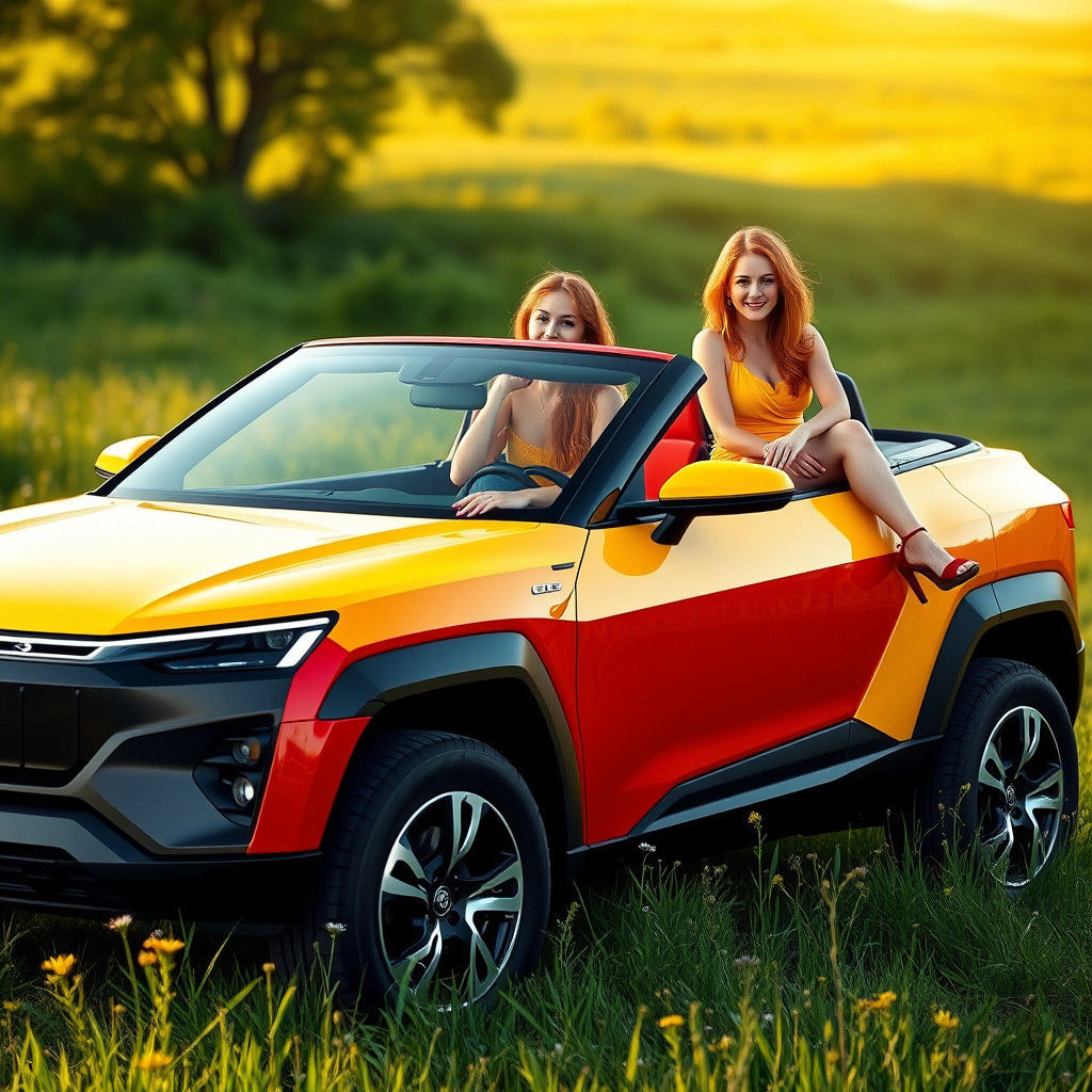 Red and Yellow Electric Car with Redhead Women