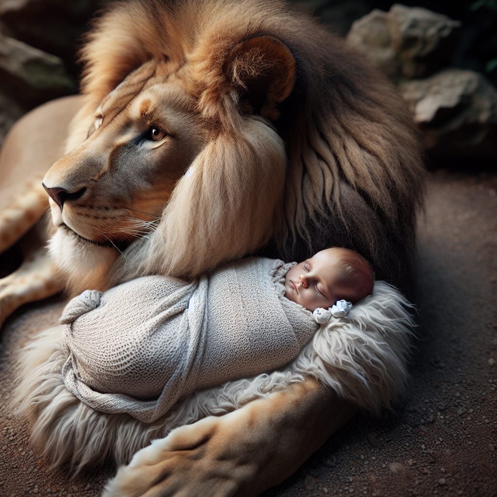 Infant Protected by Lion: A Surreal Bond