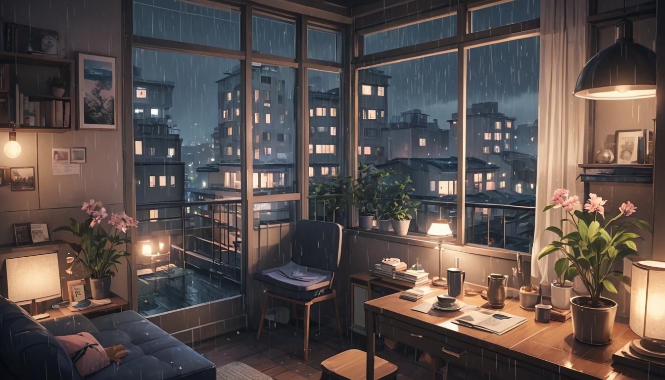 Cozy Anime Apartment at Night in City Rain