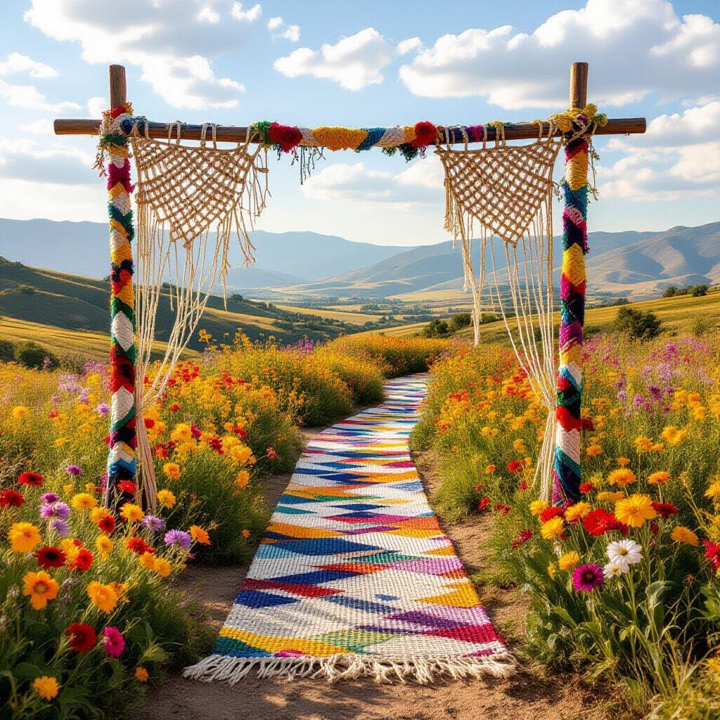Macramé Landscape in Gold and Jewel Tones