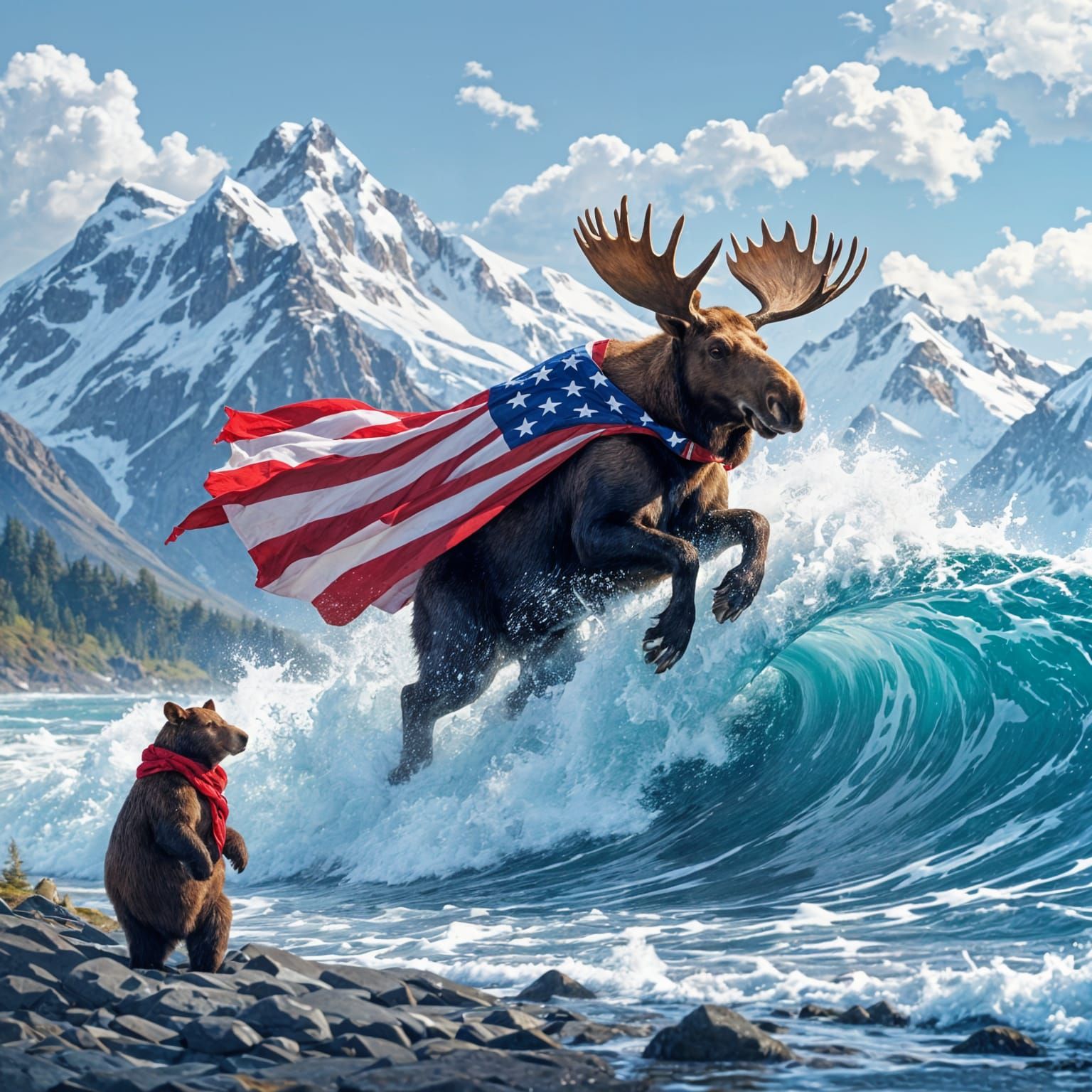 Moose Surfing with American Flag Cape