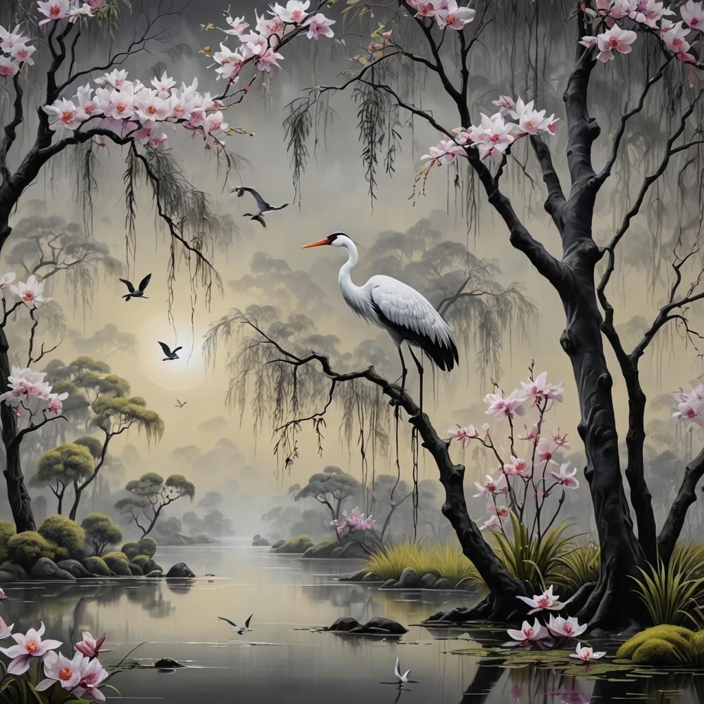 Asian-Inspired Outdoor Scene in 3D Oil Painting Style