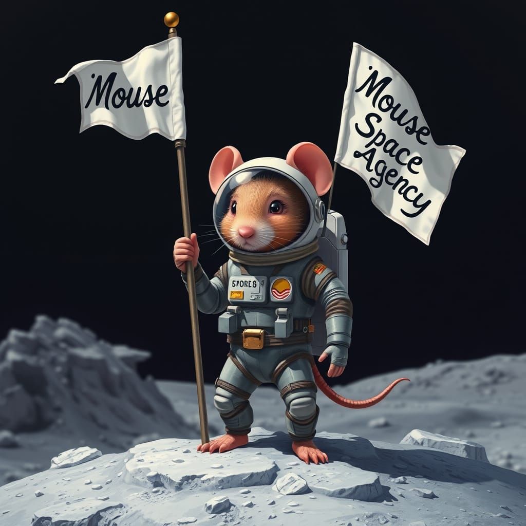 Mouse Astronaut Stands Tall on Futuristic Lunar Landscape