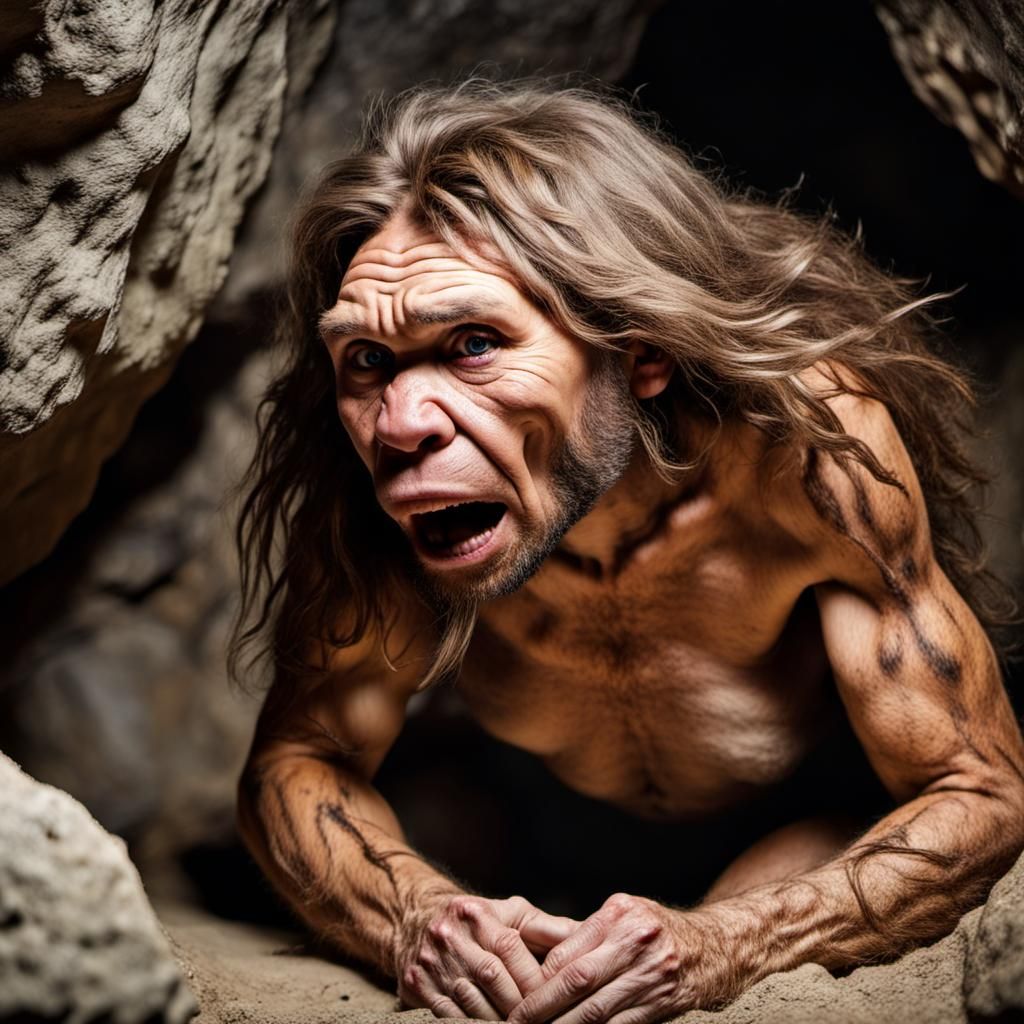 Frightened Neanderthal Woman in Cave