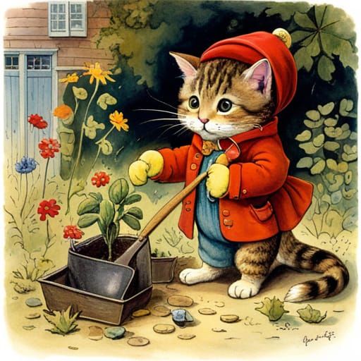 Cute Cat Gardener in Storybook Style