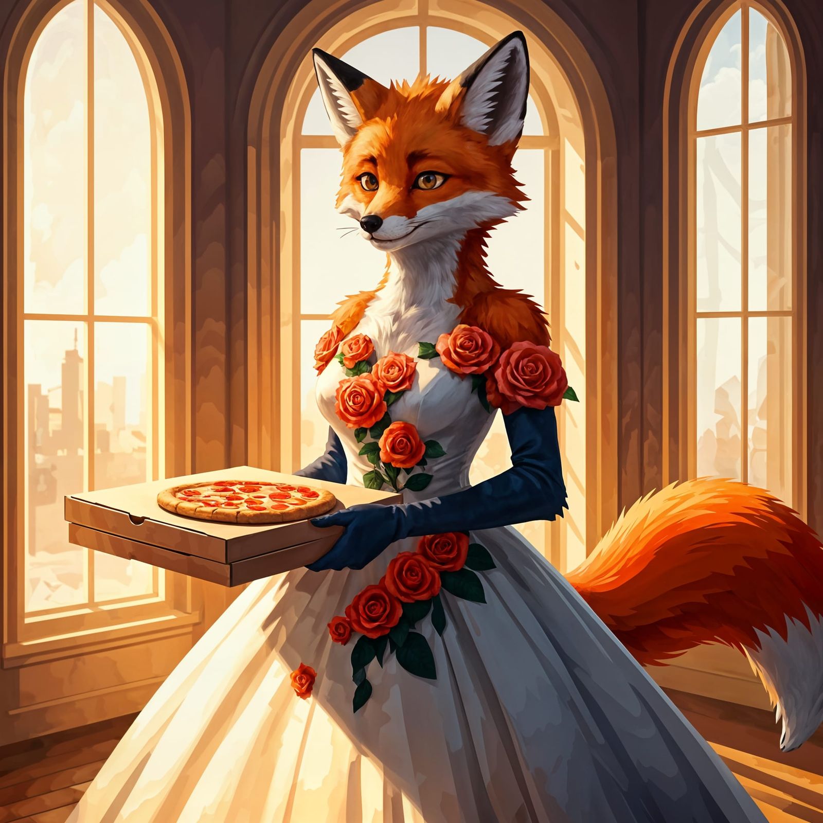 Anthropomorphic Fox with Pizza, Watercolour Art